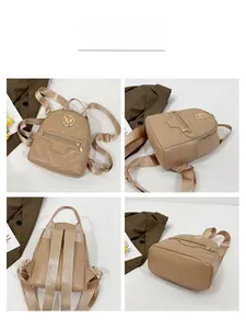 Detailed views of the khaki quilted mini backpack showing front, side, and back angles