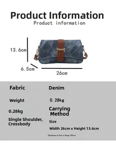 Guide des tailles du sac à bandoulière en denim bleu avec dimensions et matériaux