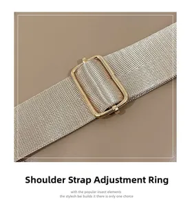 Detail of adjustable golden metal buckle and light gold woven strap for the quilted backpack
