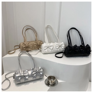 Schicke zylindrische Schultertaschen mit Schleifen in Khaki, Weiß, Schwarz und Silber