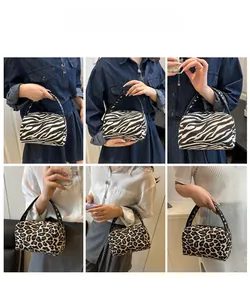 Detailed views of mini zebra and leopard print handbags styled with casual outfits