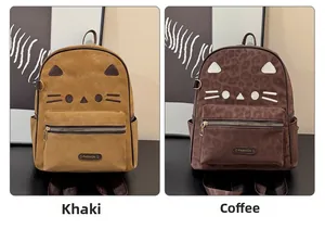 Detail view of khaki and leopard print cat-shaped backpacks with 3D ears and embroidery