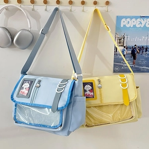 Japanese style transparent canvas messenger bags in blue and yellow with puppy patches