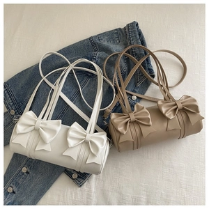 Damen Mode Mikrofaser Zylinder Unterarmtasche Süße Doppel Schleife Umhängetasche Casual Retro Reißverschluss Handtasche
