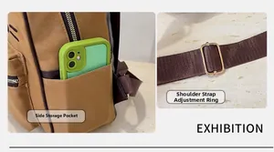 Detail of the brown backpack showing side storage pocket and adjustable shoulder strap buckles