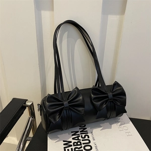 Modische schwarze zylindrische Unterarmtasche mit großen Schleifen und PU-Leder-Finish