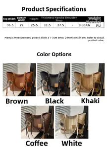Detailed size chart and dimensions of the large retro PU leather tote bag