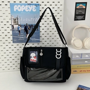 Detail of black ita bag with transparent window, adjustable strap and side pockets