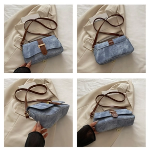 Vues détaillées du sac bandoulière en denim bleu avec cuir marron et boucle dorée