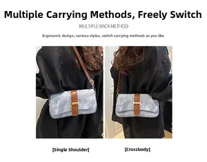 Détail du sac bleu clair texture denim avec fermoir H doré et deux modes de portage