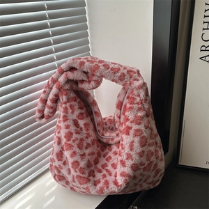 Sac Fourre-tout en Peluche Imprimé Léopard pour Femmes Grande Capacité Sac à Épaule en Fausse Fourrure Main Doux pour le Quotidien