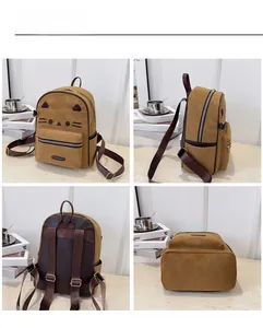 Detailed four-angle views showing cute cat embroidery and matte khaki texture on the backpack