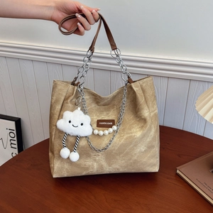 Khaki canvas tote bag with chain strap and cute cloud charm for daily commute