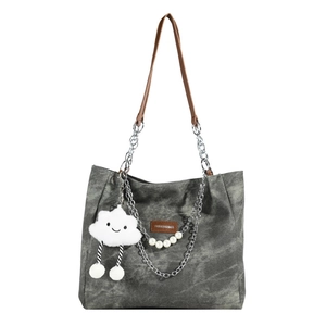 Large dark gray canvas tote bag with leather straps and pearl chain charm