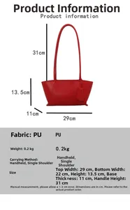 Detailed size chart for red PU leather tote bag with dimensions and specifications