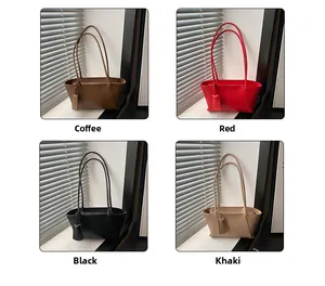 Collage of tote bags in coffee, red, black, and khaki colors with slim shoulder straps