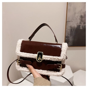 Sac Baguette pour Femme en Cuir PU avec Bordure en Imitation Laine d'Agneau Sac à Main Vintage avec Serrure Dorée Bandoulière