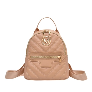 Light brown quilted mini backpack for women featuring V-shaped stitching and gold M buckle
