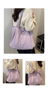 Détails d'un grand sac cabas en nylon violet avec logo fashion et matière étanche
