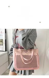 Detailed view of a pink tote bag with transparent mesh window and heart metal buckle
