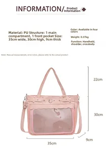 Detailed dimension guide for pink PU leather Ita bag with clear window and heart buckle