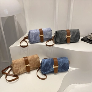 Sac Sous le Bras Vintage Français en Microfibre Texture Denim Pour Femmes Boucle H en Métal Sac à Bandoulière Casual Navette