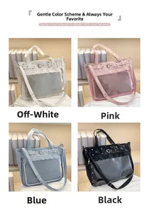 Collage of transparent window canvas bags in off-white, pink, blue, and black colors