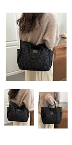 Black embossed floral tote bag showing shoulder, crossbody, and handbag styling views