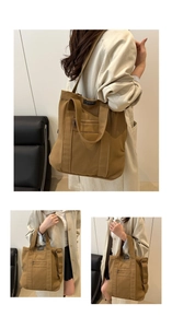 Detailed macro view of khaki canvas tote bag featuring front zip pocket and fashion logo