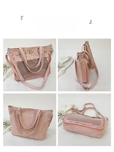 Multiple views of a pink ita bag with transparent heart buckle window and grid layer
