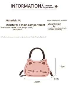 Detailed dimension guide for pink cat-shaped PU leather crossbody bag with measurements