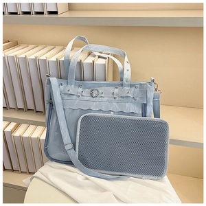 Détail du sac ita bleu clair montrant la fenêtre transparente et la boucle en cœur