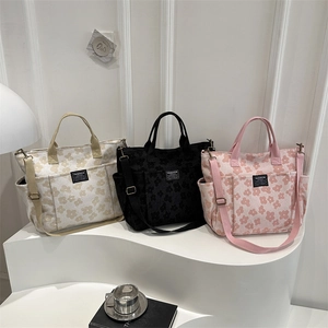 Women's Floral Print Canvas Tote Bag Large Capacity Multi-Pocket Shoulder Bag Adjustable Strap Daily School Handbag