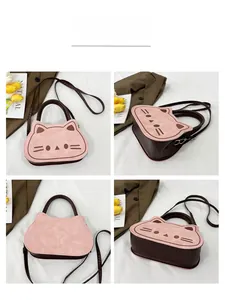 Four angles of a cute cat-shaped pink and brown crossbody handbag for girls