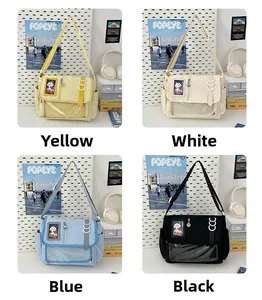 Collage of four Japanese style messenger bags in yellow, white, blue and black colors