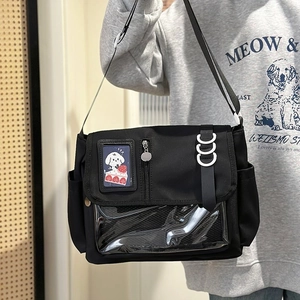 Japanese style black large ita bag with transparent PVC window and adjustable strap