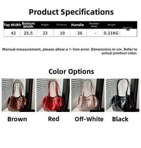 Size chart and dimensions for the retro PU tote bag with bow detail and four colors
