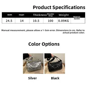 Detailed size parameters and color display for quilted shoulder bag in silver and black
