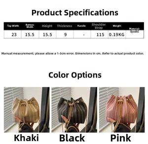 Detailed size specifications and color options for woven drawstring bucket crossbody bags