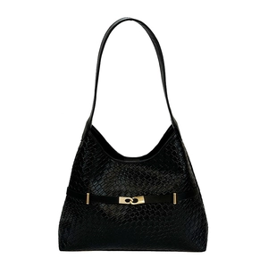 Chic black woven hobo bag with gold ring buckle and shoulder strap on white background