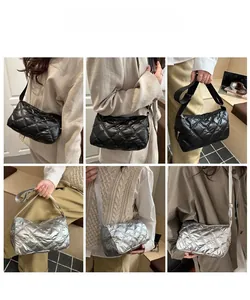 Detail shots of black and silver quilted nylon crossbody bag shown from multiple angles