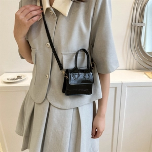 French style mini black crocodile pattern shoulder bag with top handle and strap