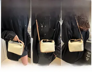 Detailed view showing crossbody, shoulder, and handbag styles for the beige square bag