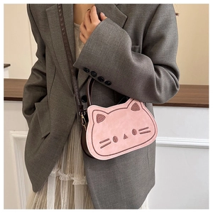 Pink cartoon cat shoulder bag with embroidery details and brown crossbody strap