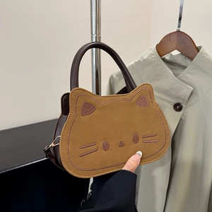 Cute brown cartoon cat crossbody shoulder bag with cat ear embroidery and round handles