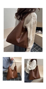 Three-way view of large dark brown tote bag showing shoulder carry and hand-held style