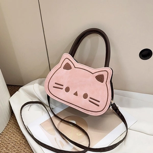 Pink cartoon cat crossbody bag for girls with soft velvet texture and adjustable strap