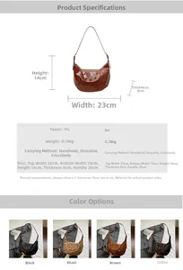 Detailed size and color chart for moon-shaped PU leather bag with retro rivet decor