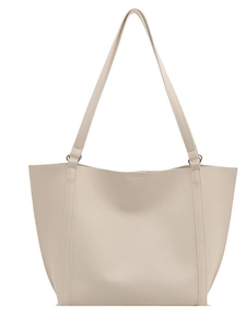 Minimalist beige faux leather tote bag with large capacity and reinforced stitching