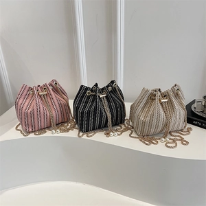Women Knitted Woven Bucket Bag Herringbone Pattern Chain Shoulder Bag With Artificial Pearl Drawstring Elegant Casual Crossbody Bag